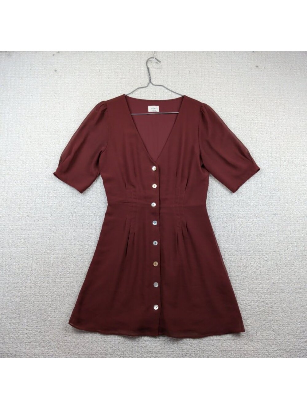 Wilfred Tempest Dress Maroon Sheer Button Front Short Sleeve Coquette Wom 6